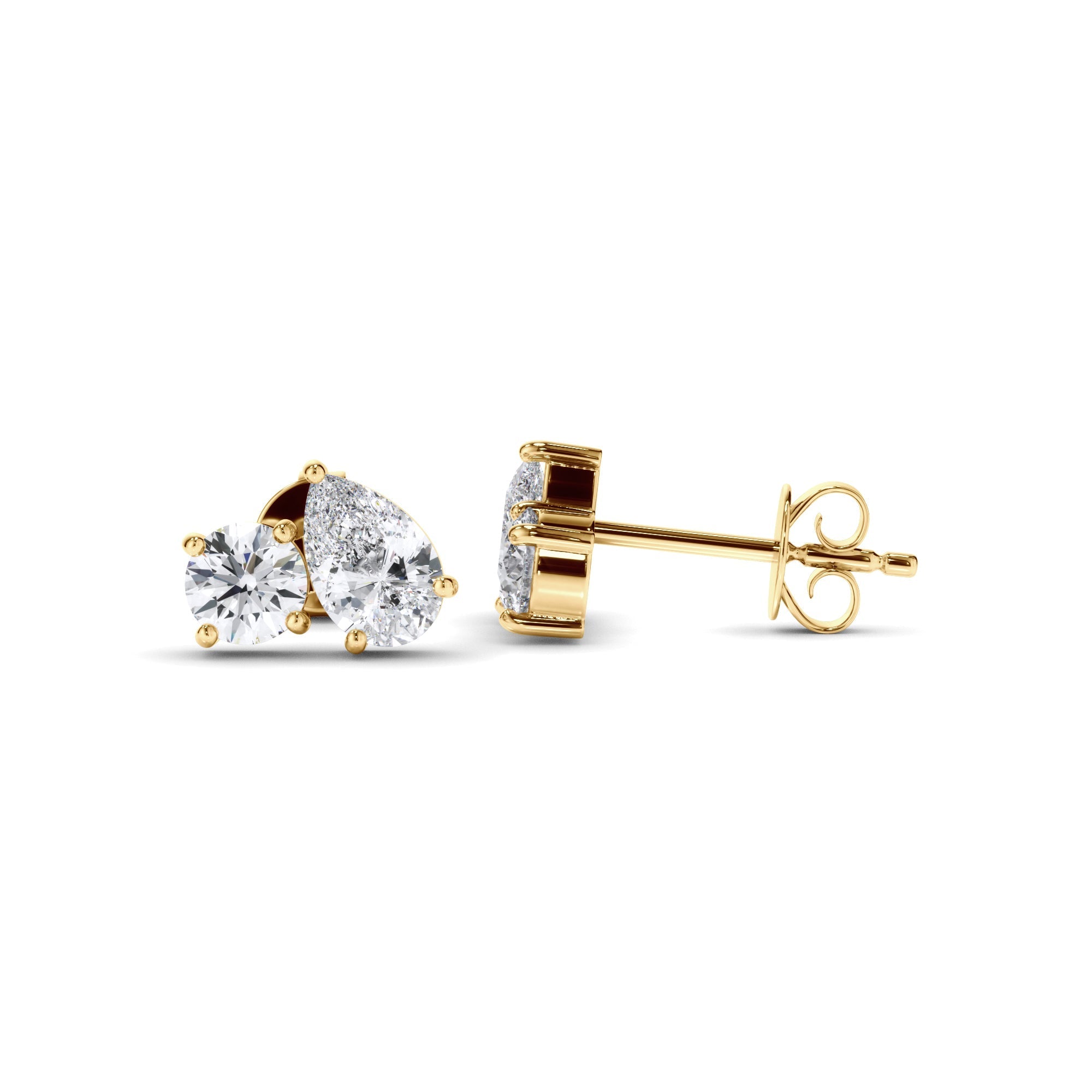Pear & Round Brilliant Cut Diamond Toi et Moi Stud Earrings