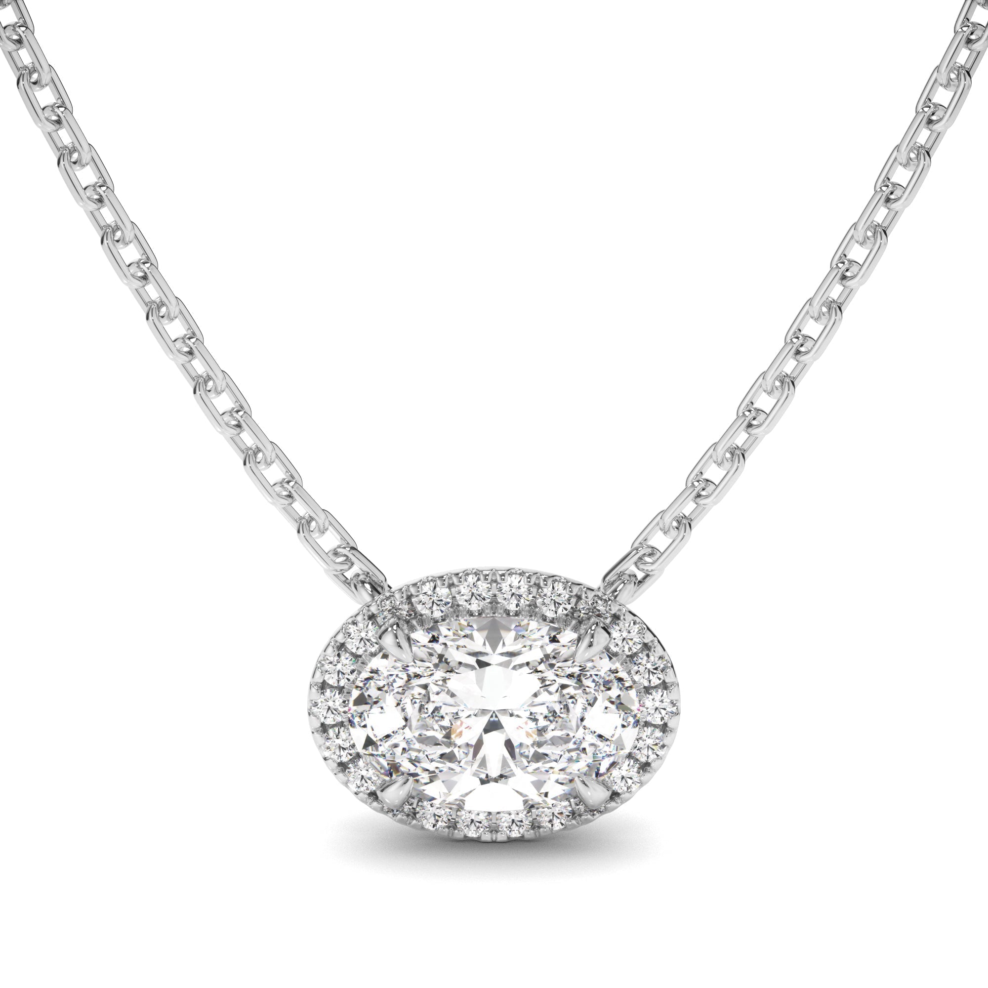 East West Oval Cut Diamond Halo Necklet