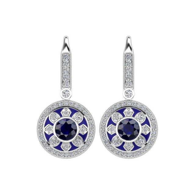 18ct White Gold Ceylon Sapphire & Diamond Blue Enamel Drop Earrings