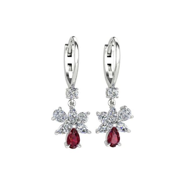 18ct White Gold Ruby & Diamond Floral Drop Earrings