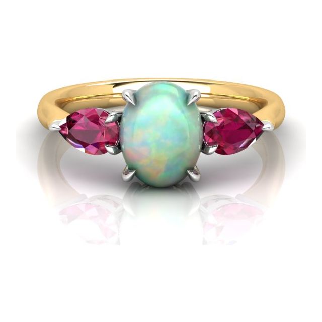 18ct Yellow Gold & Platinum Opal & Tourmaline Trilogy Dress Ring