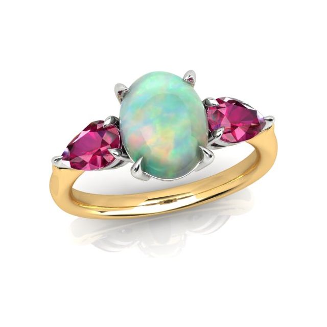 18ct Yellow Gold & Platinum Opal & Tourmaline Trilogy Dress Ring