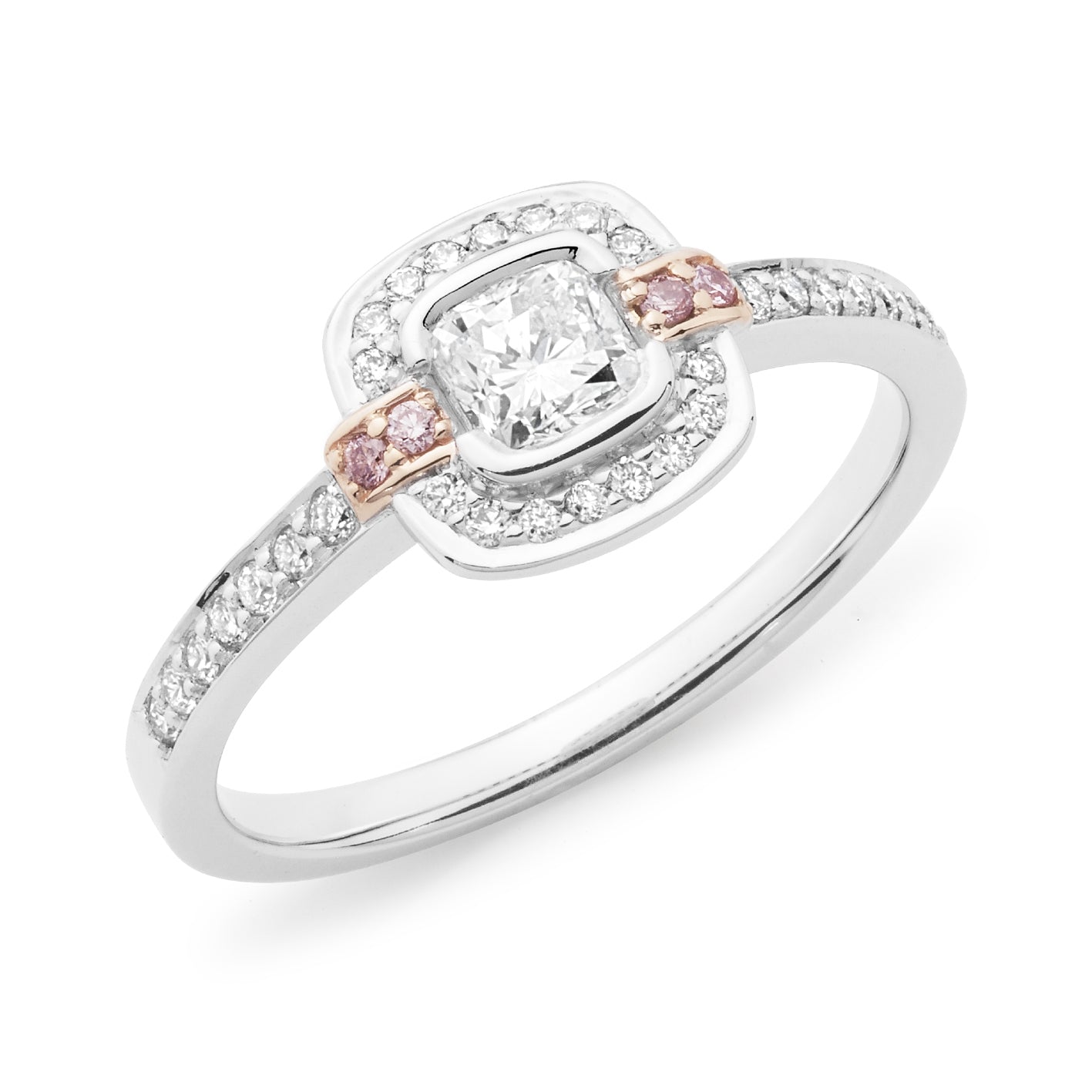 Pink Diamond Set Halo Engagement Ring in 18ct White & Rose Gold