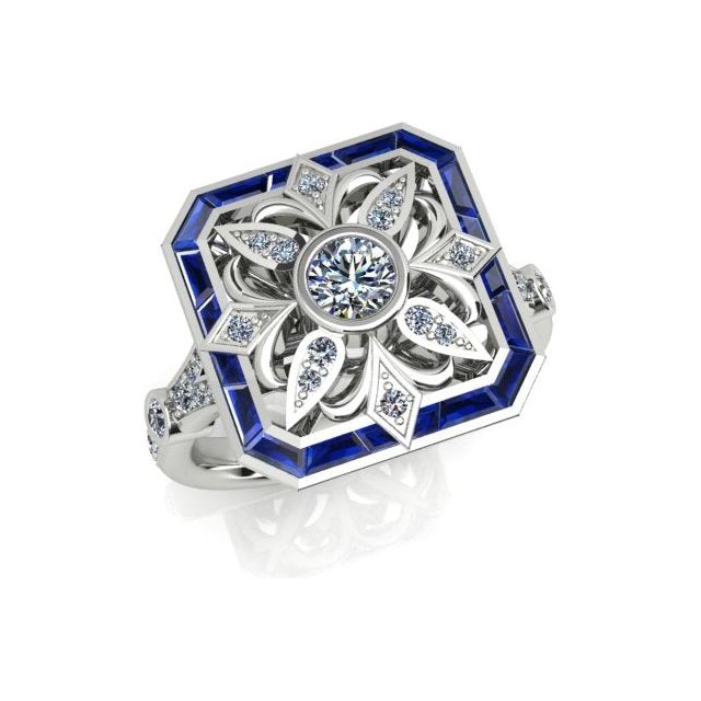 18ct White Gold Art Deco Style Diamond & Sapphire Ring