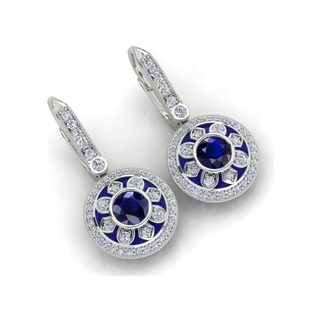18ct White Gold Ceylon Sapphire & Diamond Blue Enamel Drop Earrings